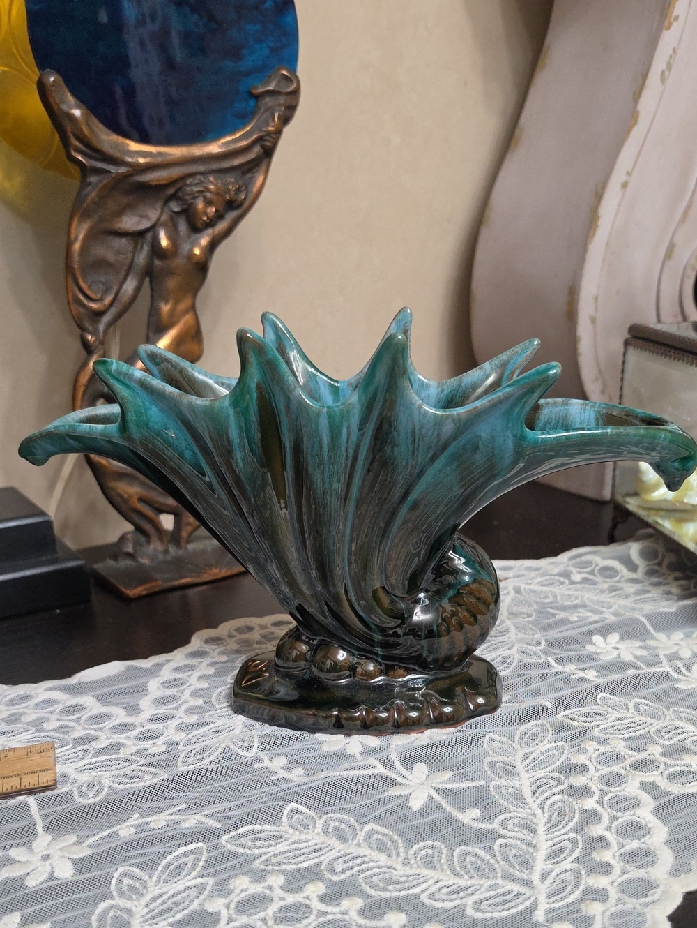 Teal Glazed Ceramic Fan-Shaped Decorative Vase
